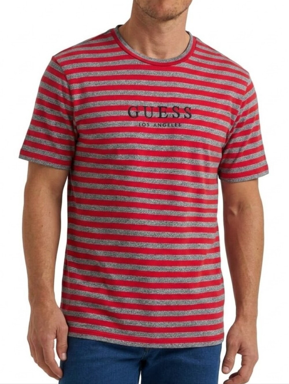 Guess Original Striped T-Shirt Large Men Red Gray Crew Neck Cotton Short Sleeve